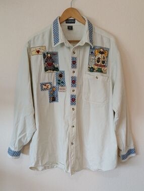 Vintage LA Loving Canvas Button Up Shirt Farmhouse Patchwork Spring